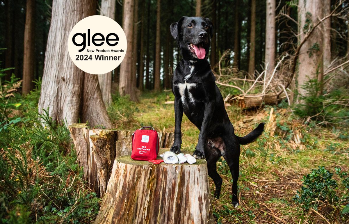 Black dog wearing a Mountain Paws harness standing proudly on a tree stump in the forest beside a Red Mountain Paws Dog First Aid Kit. Glee New Product Awards 2024 Winner badge visible.